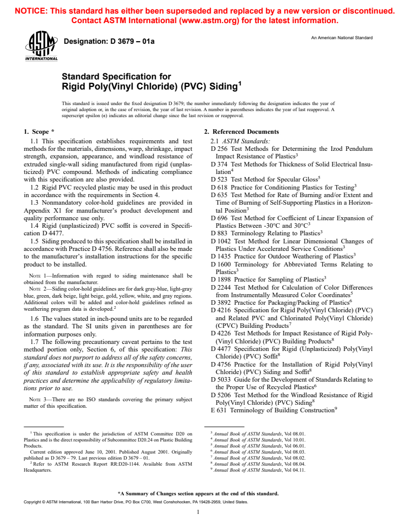 ASTM D3679-01a - Standard Specification for Rigid Poly(Vinyl Chloride) (PVC) Siding