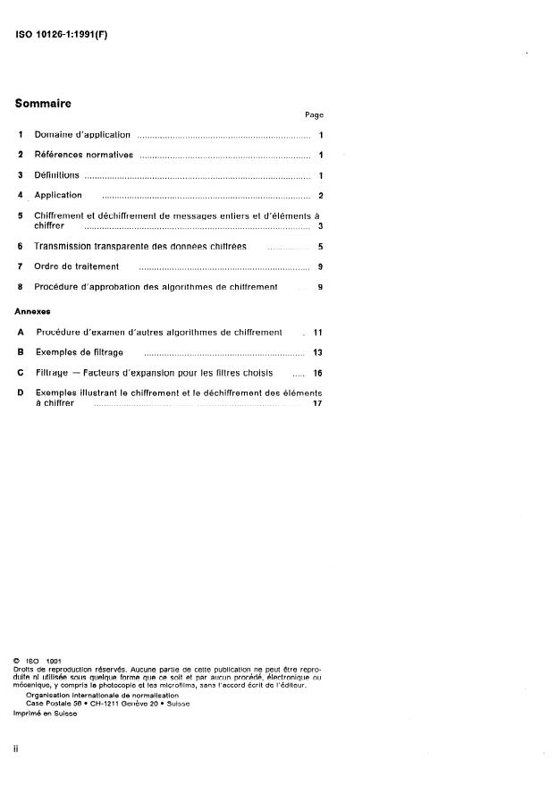 ISO 10126-1:1991 ISO 10126-1:1991 - Banque -- Procédures de chiffrement de messages (service aux entreprises) - Page 2 preview