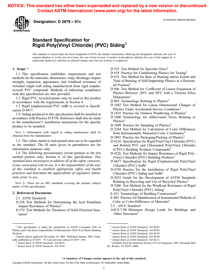 ASTM D3679-01c - Standard Specification for Rigid Poly(Vinyl Chloride) (PVC) Siding