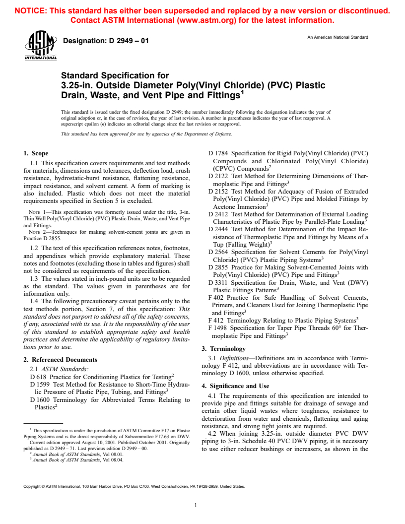 ASTM D2949-01 - Standard Specification for 3.25-in. Outside Diameter Poly(Vinyl Chloride) (PVC) Plastic Drain, Waste, and Vent Pipe and Fittings