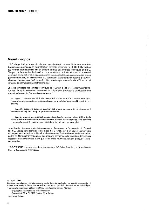 ISO/TR 10127:1990 ISO/TR 10127:1990 - Conception assistée par ordinateur (CAO) -- L'ordinateur comme outil de préparation des dessins de construction - Page 2 preview