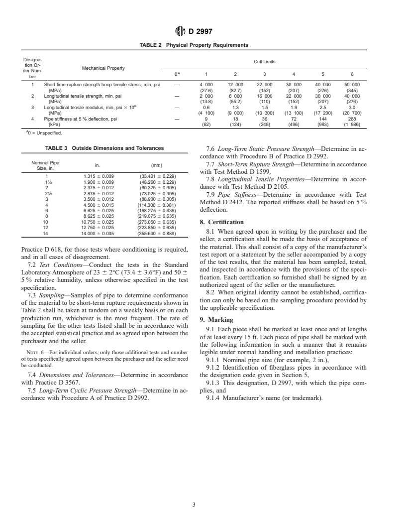 ASTM D2997-99 - Standard Specification for Centrifugally Cast "Fiberglass" (Glass-Fiber-Reinforced Thermosetting-Resin) Pipe