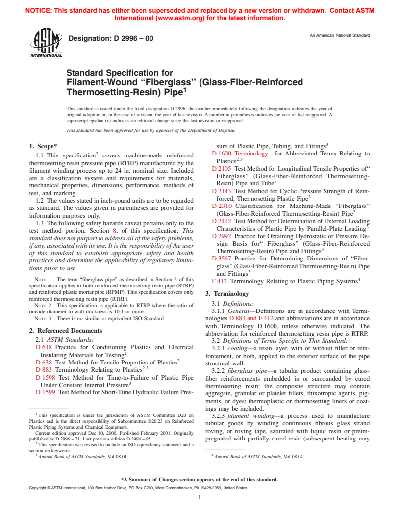 ASTM D2996-00 - Standard Specification for Filament-Wound "Fiberglass" (Glass-Fiber-Reinforced Thermosetting-Resin) Pipe