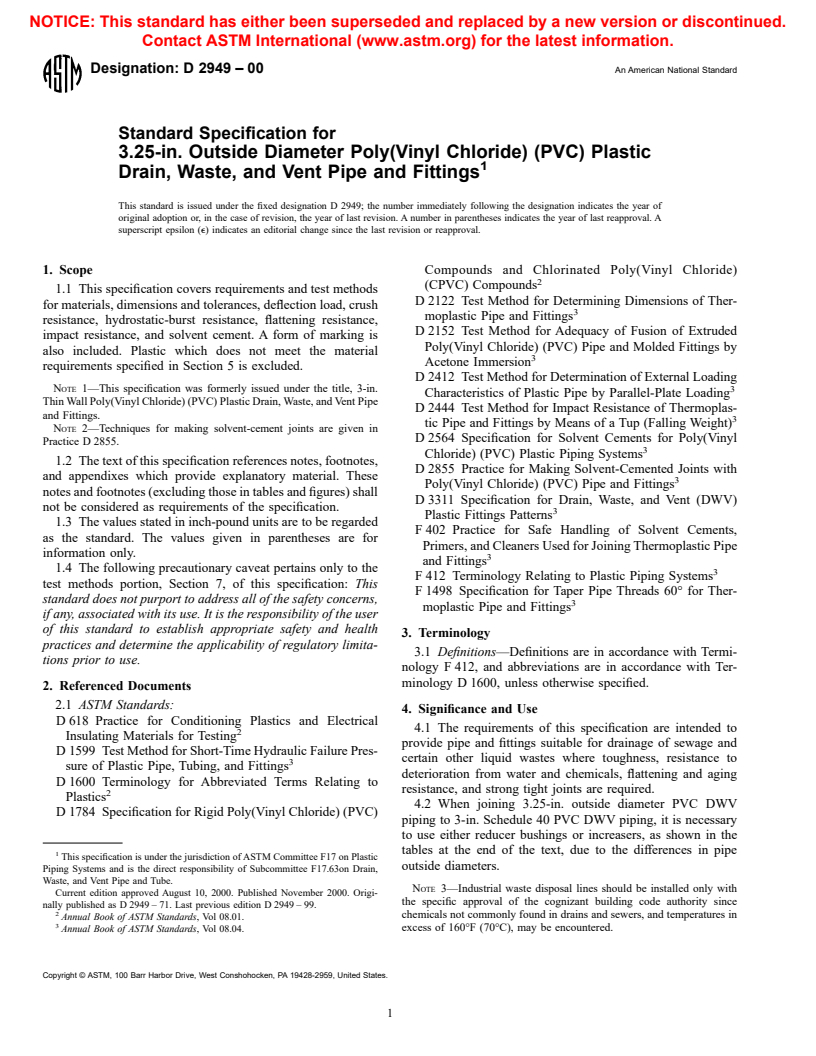 ASTM D2949-00 - Standard Specification for 3.25-in. Outside Diameter Poly(Vinyl Chloride) (PVC) Plastic Drain, Waste, and Vent Pipe and Fittings