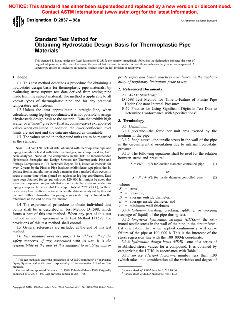 ASTM D2837-98a - Standard Test Method for Obtaining Hydrostatic Design Basis for Thermoplastic Pipe Materials