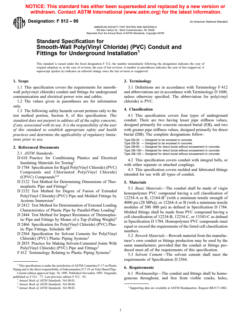 ASTM F512-95 - Standard Specification for Smooth-Wall Poly(Vinyl Chloride) (PVC) Conduit and Fittings for Underground Installation
