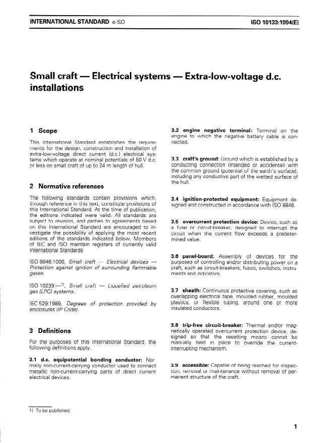 ISO 10133:1994 - Small craft -- Electrical systems -- Extra-low-voltage d.c. installations