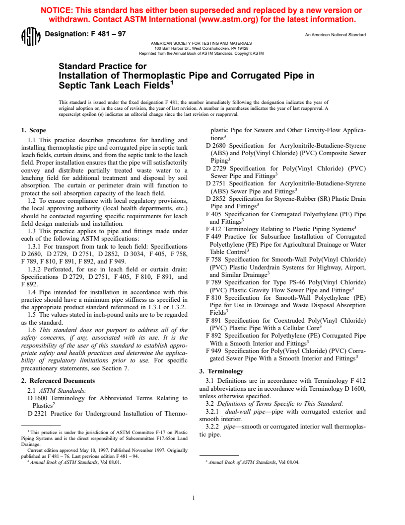 ASTM F481-97 - Standard Practice for Installation of Thermoplastic Pipe and Corrugated Pipe in Septic Tank Leach Fields