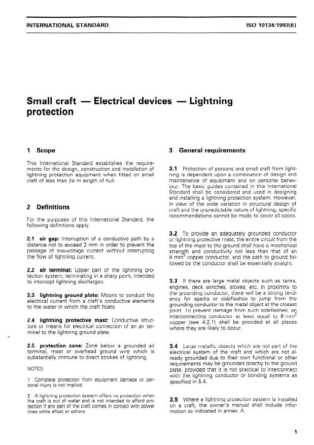 ISO 10134:1993 - Small craft -- Electrical devices -- Lightning protection