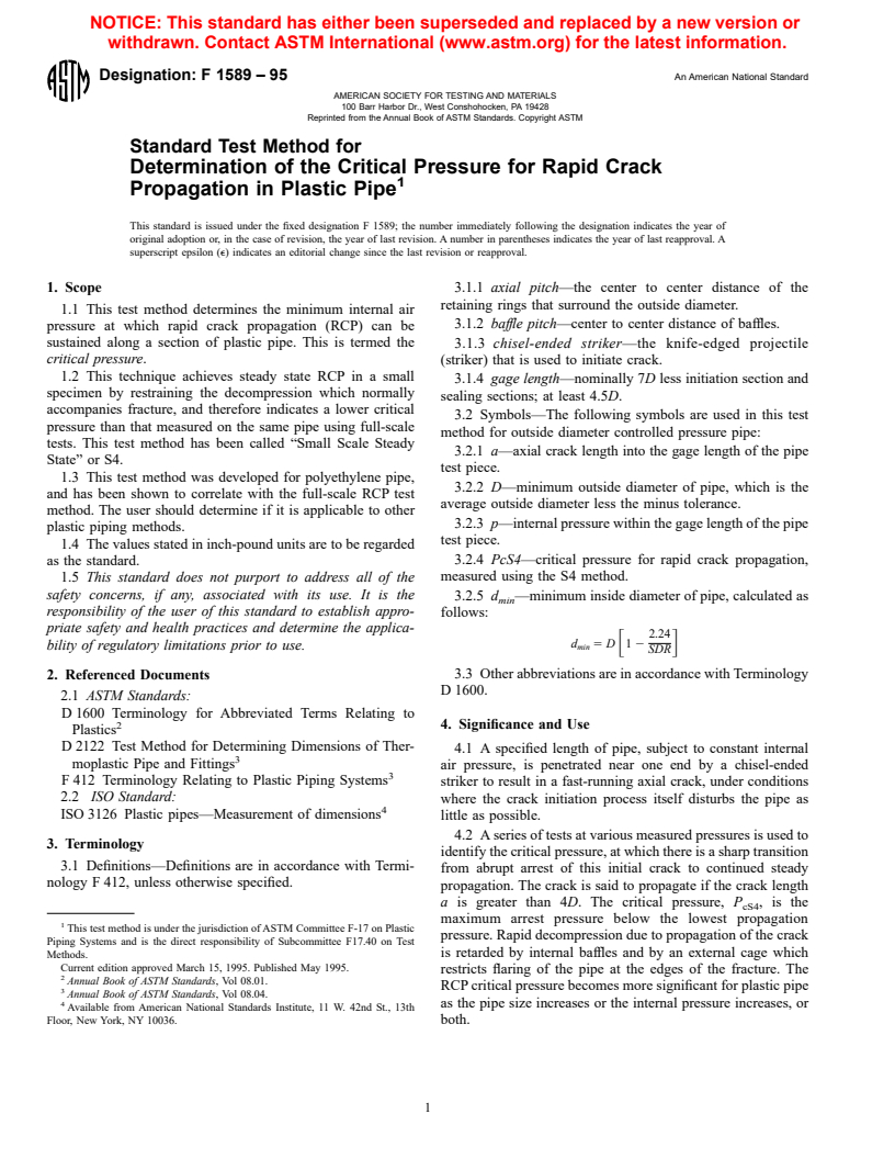 ASTM F1589-95 - Standard Test Method for Determination of the Critical Pressure for Rapid Crack Propagation in Plastic Pipe