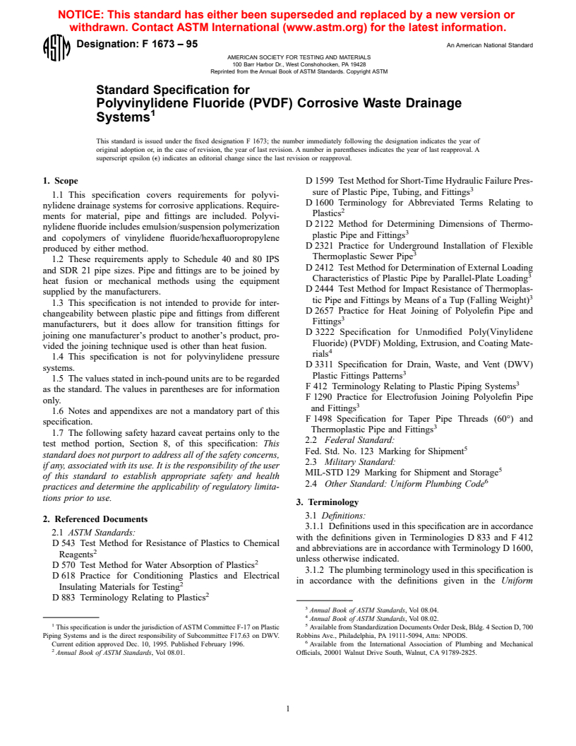 ASTM F1673-95 - Standard Specification for Polyvinylidene Fluoride (PVDF) Corrosive Waste Drainage Systems