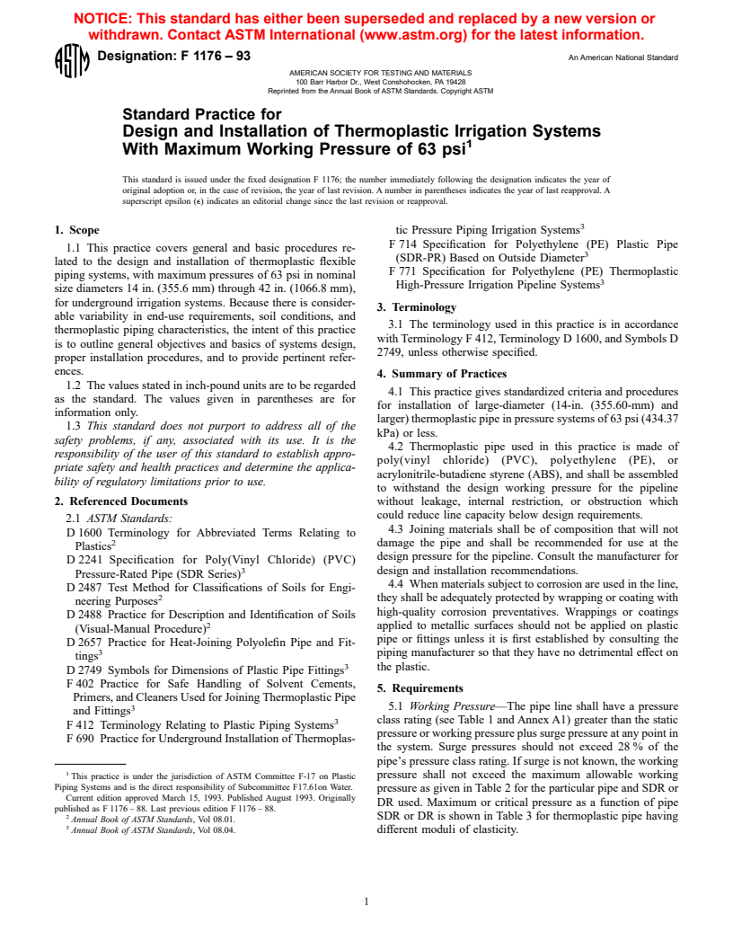 ASTM F1176-93 - Standard Practice for Design and Installation of Underground Thermoplastic Irrigation Systems With Maximum Working Pressure of 125 psi