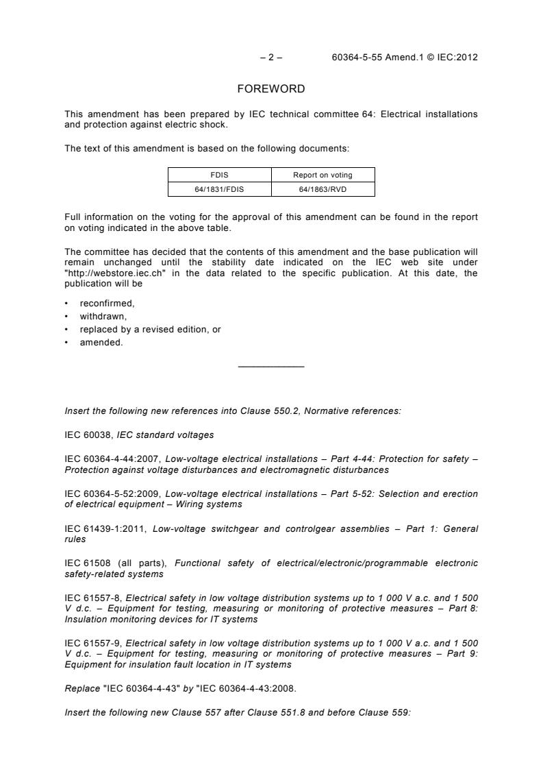 IEC 60364-5-55:2011/AMD1:2012 IEC 60364-5-55:2011/AMD1:2012 - Amendment 1 - Electrical installations of buildings - Part 5-55: Selection and erection of electrical equipment - Other equipment - Page 4 preview