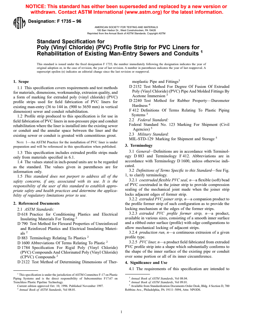 ASTM F1735-96 - Standard Specification for Poly (Vinyl Chloride) (PVC) Profile Strip for PVC Liners for Rehabilitation of Existing Man-Entry Sewers and Conduits