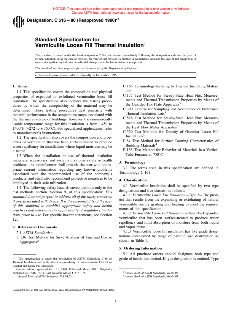 ASTM C516-80(1996)e1 - Standard Specification for Vermiculite Loose Fill Thermal Insulation