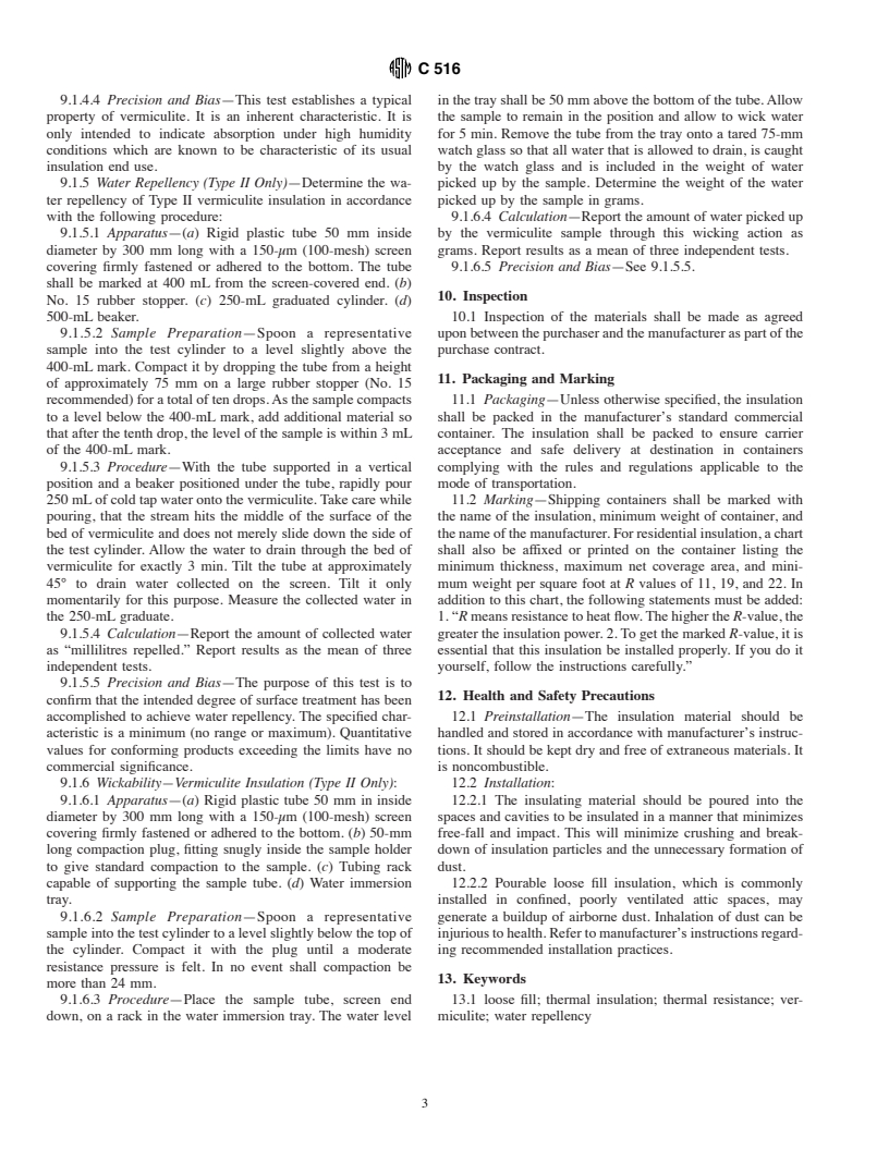 ASTM C516-80(1996)e1 - Standard Specification for Vermiculite Loose Fill Thermal Insulation