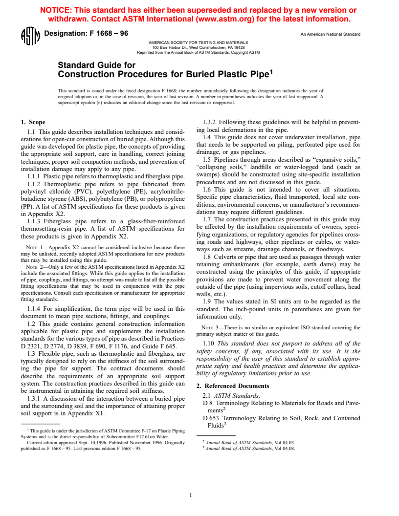 ASTM F1668-96 - Standard Guide for Construction Procedures for Buried Plastic Pipe