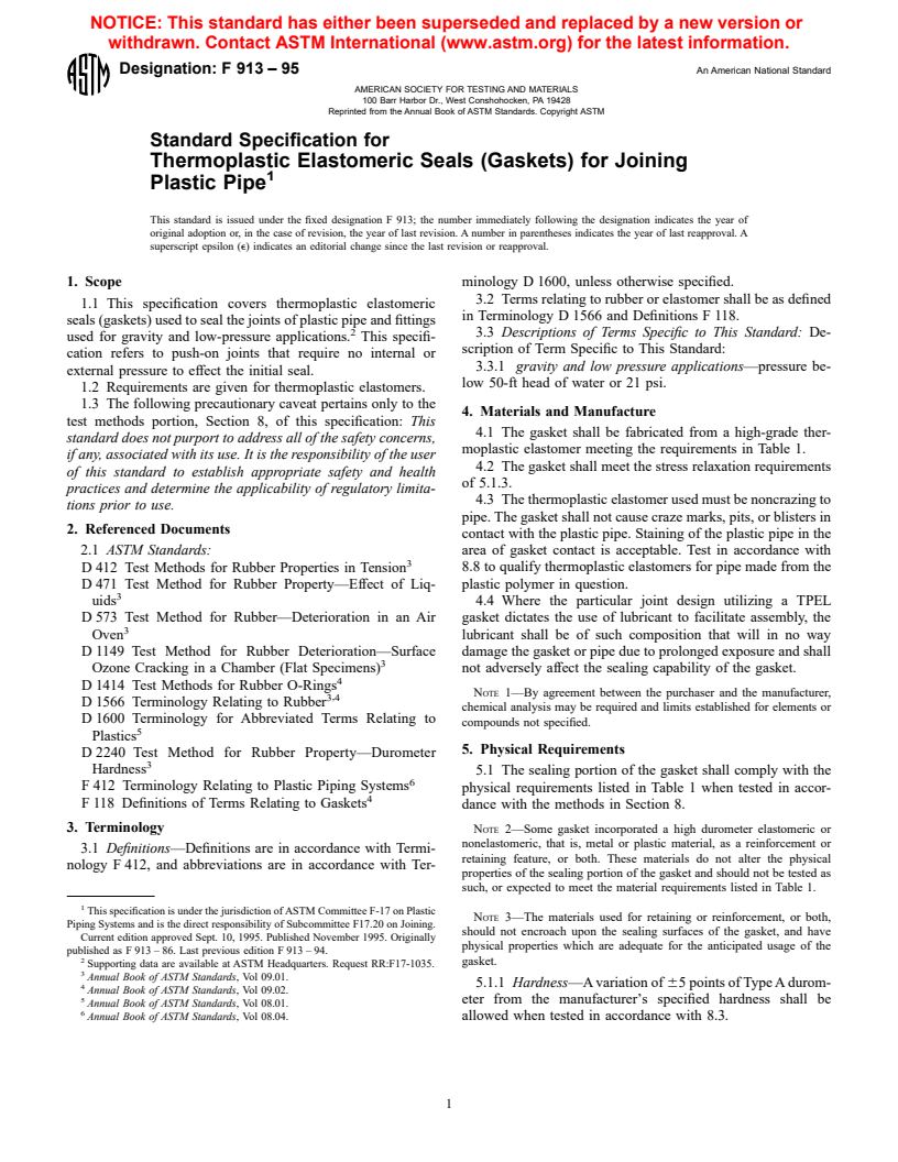 ASTM F913-95 - Standard Specification for Thermoplastic Elastomeric Seals (Gaskets) for Joining Plastic Pipe