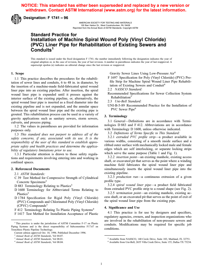 ASTM F1741-96 - Standard Practice for Installation of Machine Spiral Wound Poly (Vinyl Chloride) (PVC) Liner Pipe for Rehabilitation of Existing Sewers and Conduits