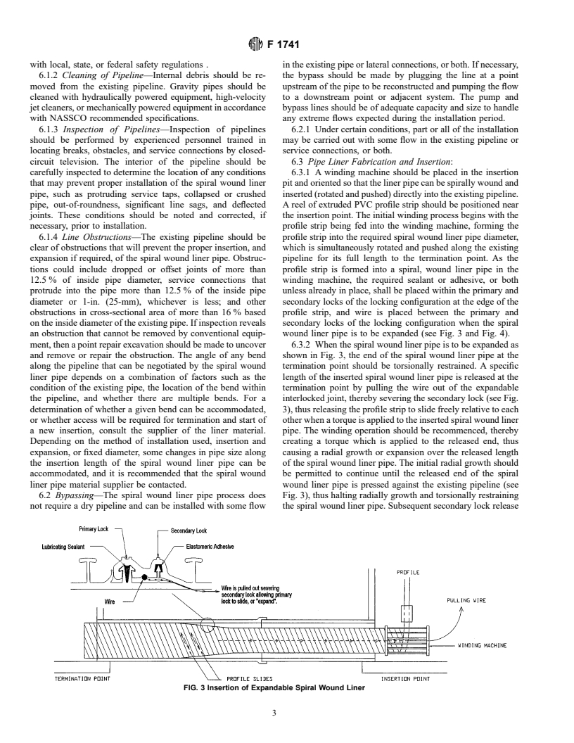 ASTM F1741-96 - Standard Practice for Installation of Machine Spiral Wound Poly (Vinyl Chloride) (PVC) Liner Pipe for Rehabilitation of Existing Sewers and Conduits