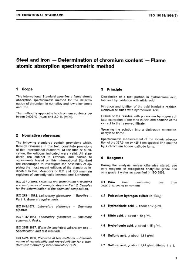 ISO 10138:1991 - Steel and iron -- Determination of chromium content -- Flame atomic absorption spectrometric method