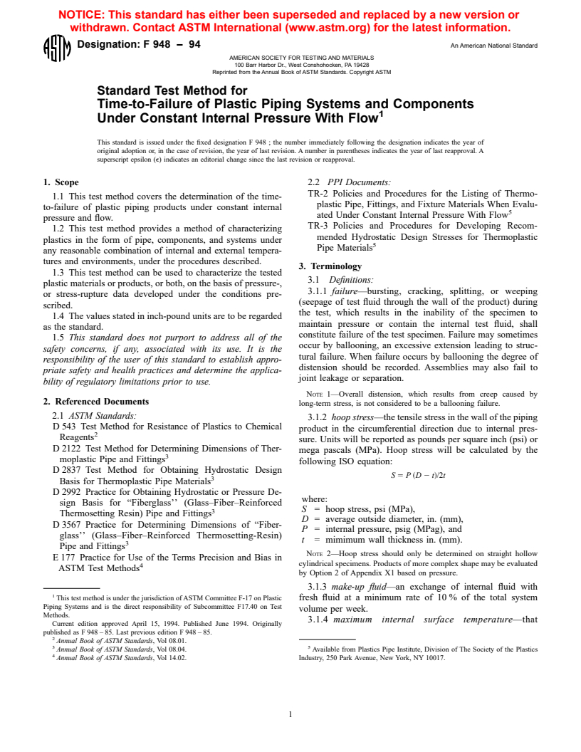 ASTM F948-94 - Standard Test Method for Time-to-Failure of Plastic Piping Systems and Components Under Constant Internal Pressure With Flow