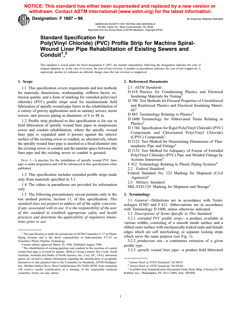 ASTM F1697-96 - Standard Specification for Poly(Vinyl Chloride) (PVC) Profile Strip for Machine Spiral-Wound Liner Pipe Rehabilitation of Existing Sewers and Conduits