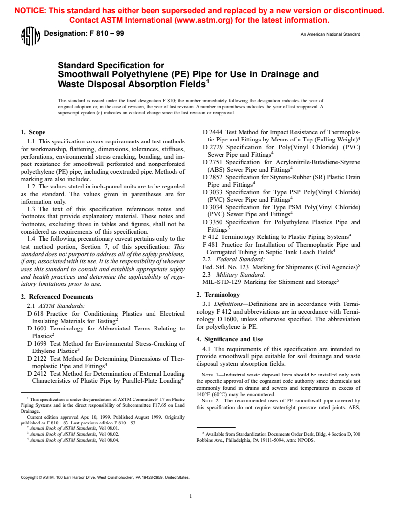 ASTM F810-99 - Standard Specification for Smoothwall Polyethylene (PE) Pipe for Use in Drainage and Waste Disposal Absorption Fields