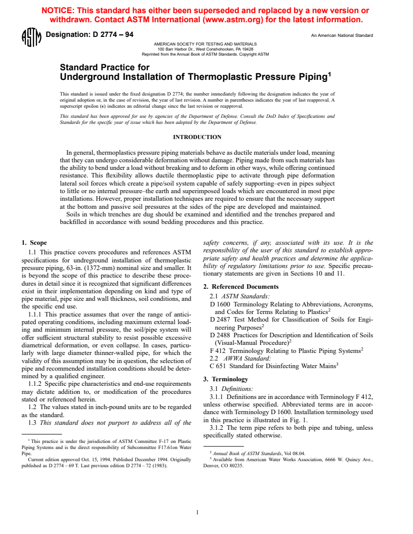 ASTM D2774-94 - Standard Practice for Underground Installation of Thermoplastic Pressure Piping