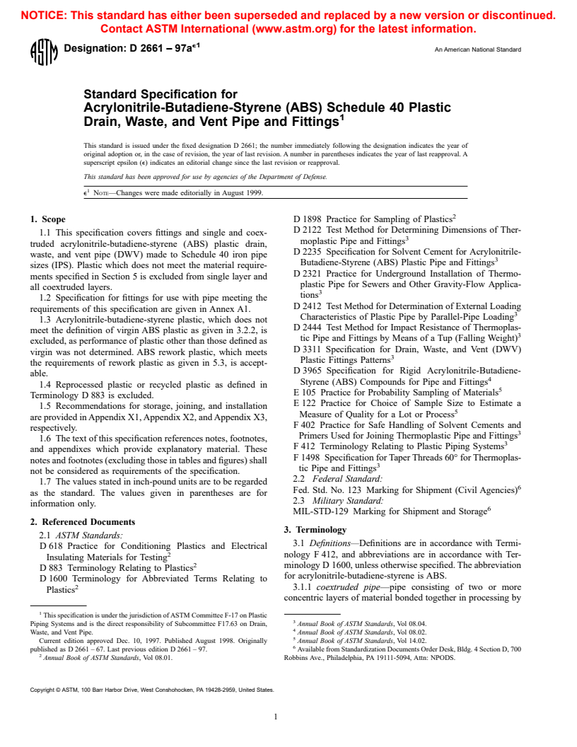 ASTM D2661-97ae1 - Standard Specification for Acrylonitrile-Butadiene-Styrene (ABS) Schedule 40 Plastic Drain, Waste, and Vent Pipe and Fittings