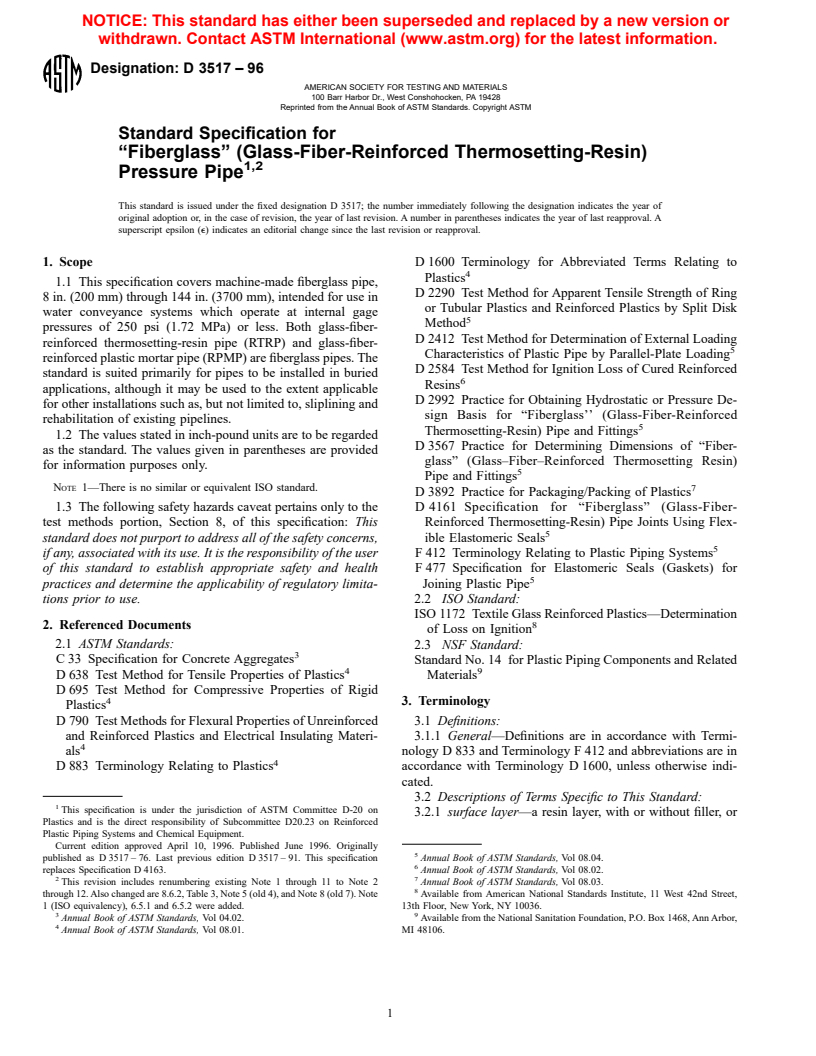 ASTM D3517-96 - Standard Specification for "Fiberglass" (Glass-Fiber-Reinforced Thermosetting-Resin) Pressure Pipe