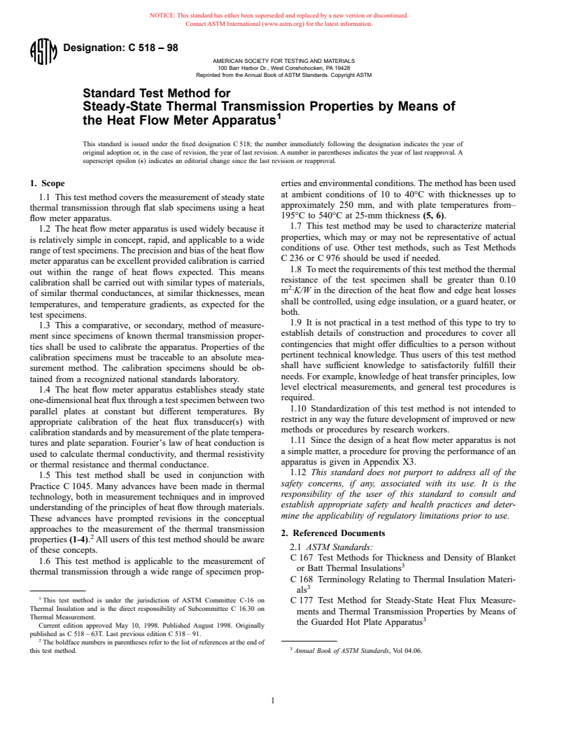 ASTM C518-98 - Standard Test Method for Steady-State Thermal Transmission Properties by Means of the Heat Flow Meter Apparatus