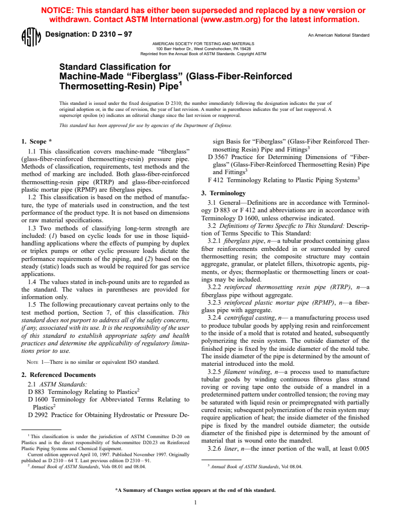 ASTM D2310-97 - Standard Classification for Machine-Made "Fiberglass" (Glass-Fiber-Reinforced Thermosetting-Resin) Pipe