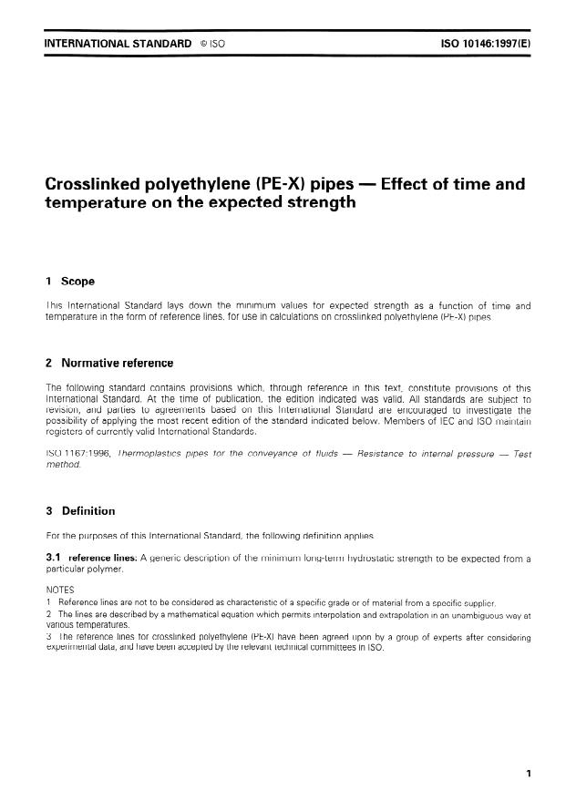 ISO 10146:1997 - Crosslinked polyethylene (PE-X) pipes -- Effect of time and temperature on the expected strength