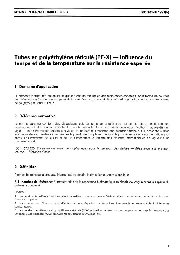 ISO 10146:1997 - Tubes en polyéthylene réticulé (PE-X) -- Influence du temps et de la température sur la résistance espérée