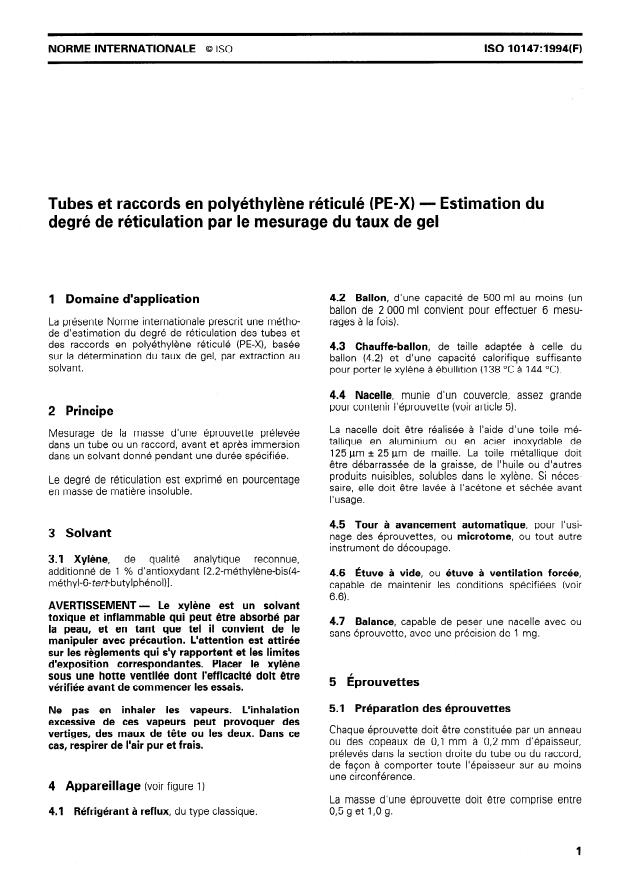 ISO 10147:1994 - Tubes et raccords en polyéthylene réticulé (PE-X) -- Estimation du degré de réticulation par le mesurage du taux de gel