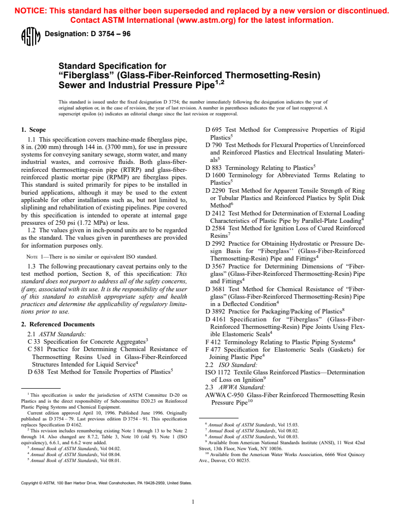 ASTM D3754-96 - Standard Specification for "Fiberglass" (Glass-Fiber-Reinforced Thermosetting-Resin) Sewer and Industrial Pressure Pipe