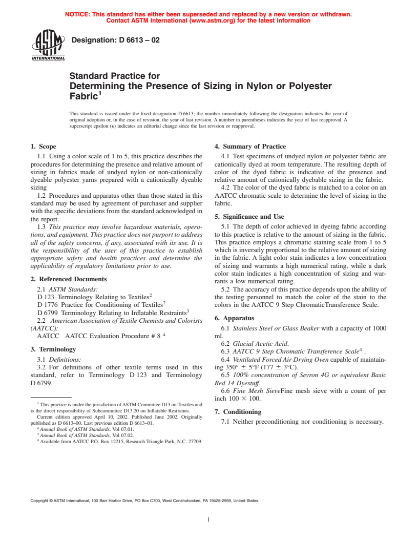 ASTM D6613-02 - Standard Practice for Determining the Presence of Sizing in Nylon or Polyester Fabric