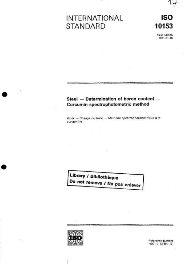ISO 10153:1991 - Steel -- Determination of boron content -- Curcumin spectrophotometric method
