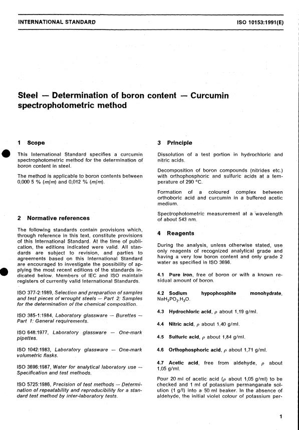 ISO 10153:1991 - Steel -- Determination of boron content -- Curcumin spectrophotometric method