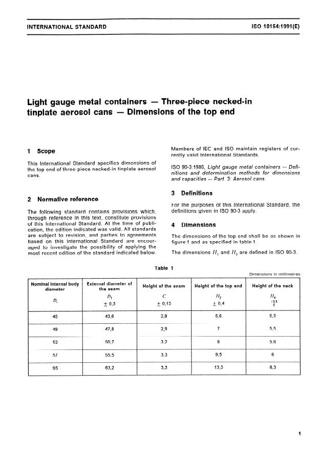ISO 10154:1991 - Light gauge metal containers -- Three-piece necked-in tinplate aerosol cans -- Dimensions of the top end