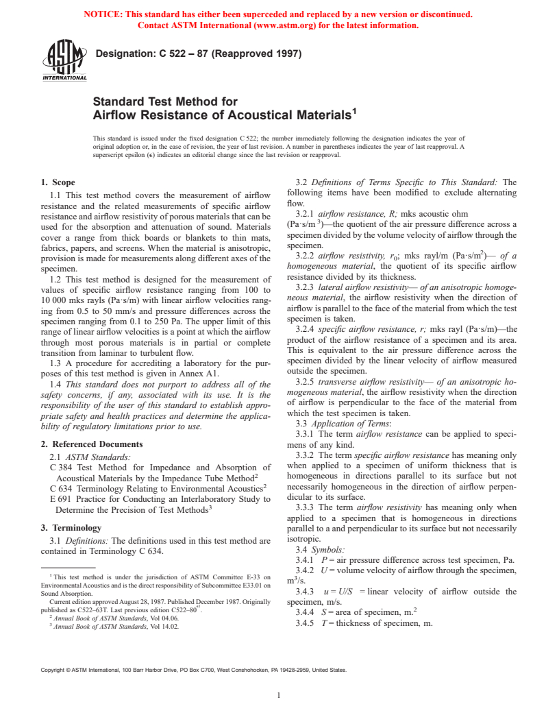 ASTM C522-87(1997) - Standard Test Method for Airflow Resistance of Acoustical Materials