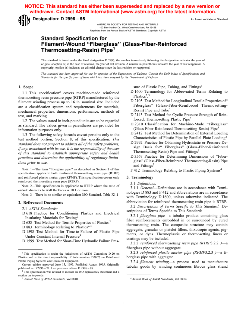 ASTM D2996-95 - Standard Specification for Filament-Wound "Fiberglass" (Glass-Fiber-Reinforced Thermosetting-Resin) Pipe