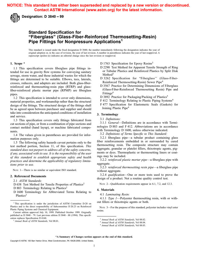 ASTM D3840-99 - Standard Specification for "Fiberglass" (Glass-Fiber-Reinforced Thermosetting-Resin) Pipe Fittings for Nonpressure Applications