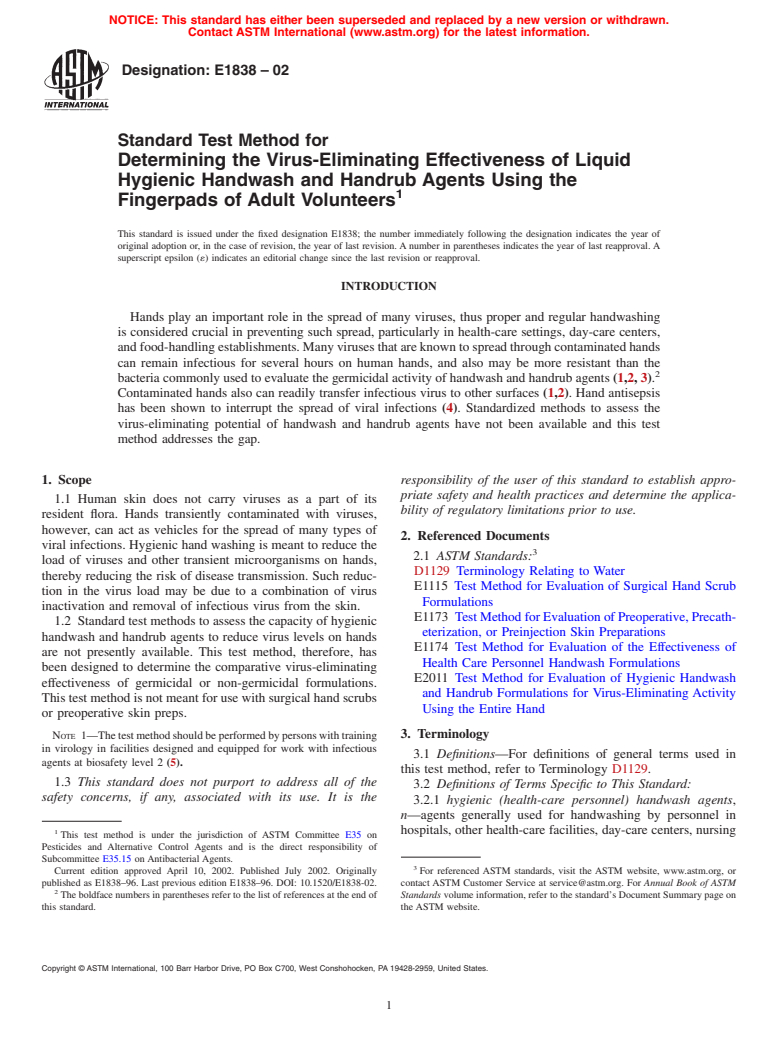 ASTM E1838-02 - Standard Test Method for Determining the Virus-Eliminating Effectiveness of Liquid Hygienic Handwash and Handrub Agents Using the Fingerpads of Adult Volunteers