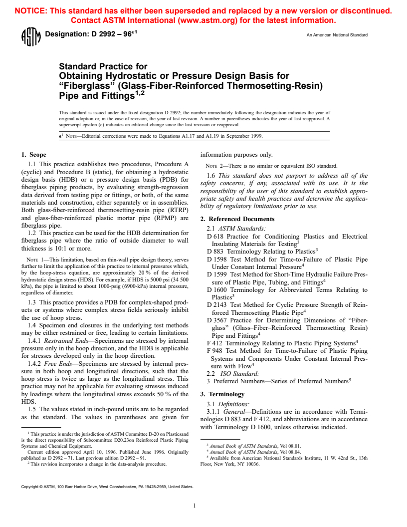 ASTM D2992-96e1 - Standard Practice for Obtaining Hydrostatic or Pressure Design Basis for "Fiberglass" (Glass-Fiber-Reinforced Thermosetting-Resin) Pipe and Fittings