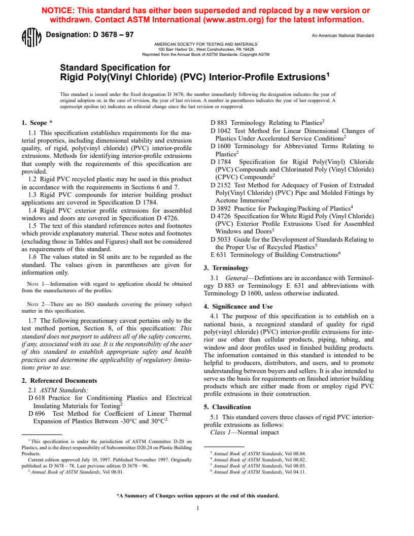 ASTM D3678-97 - Standard Specification for Rigid Poly(Vinyl Chloride) (PVC) Interior-Profile Extrusions