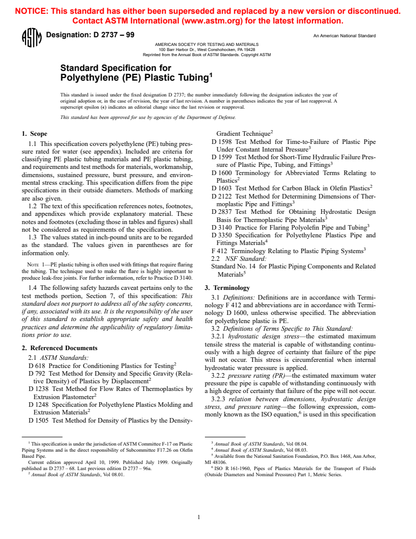 ASTM D2737-99 - Standard Specification for Polyethylene (PE) Plastic Tubing