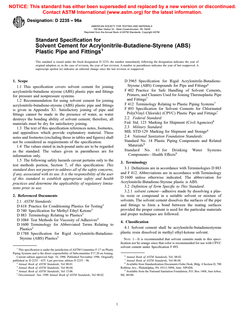 ASTM D2235-96a - Standard Specification for Solvent Cement for Acrylonitrile-Butadiene-Styrene (ABS) Plastic Pipe and Fittings