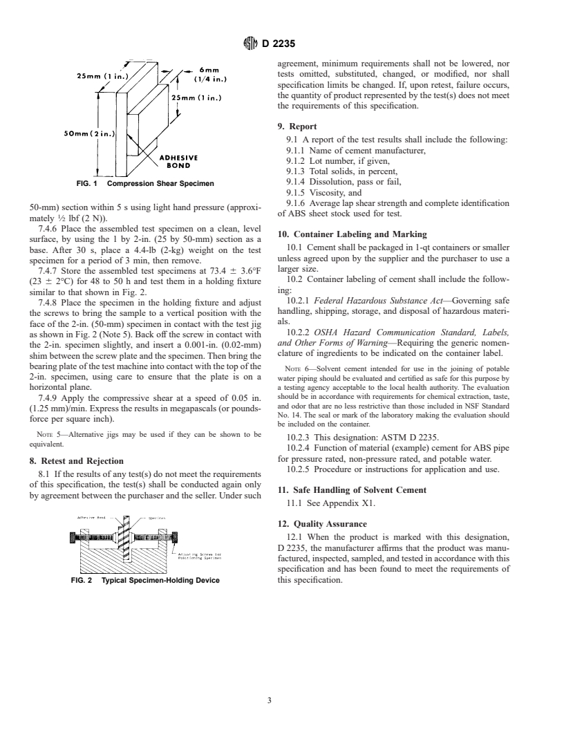 ASTM D2235-96a - Standard Specification for Solvent Cement for Acrylonitrile-Butadiene-Styrene (ABS) Plastic Pipe and Fittings